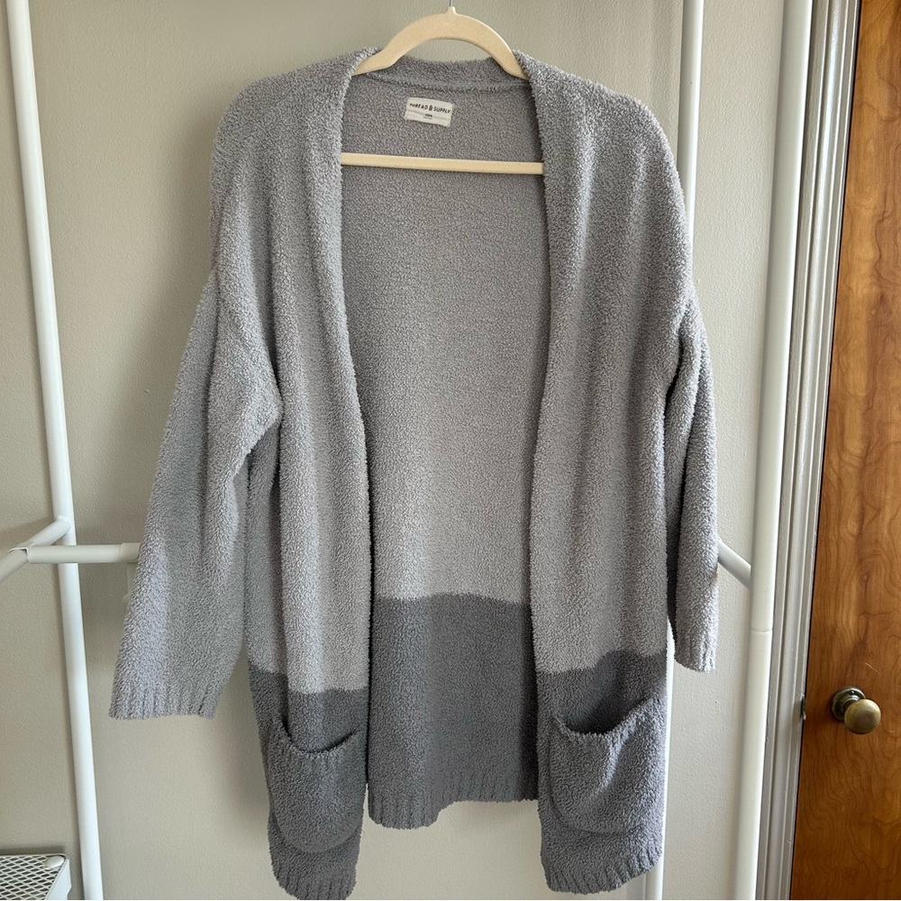 Thread & Supply two toned grey fuzzy cardigan with pockets OSFM